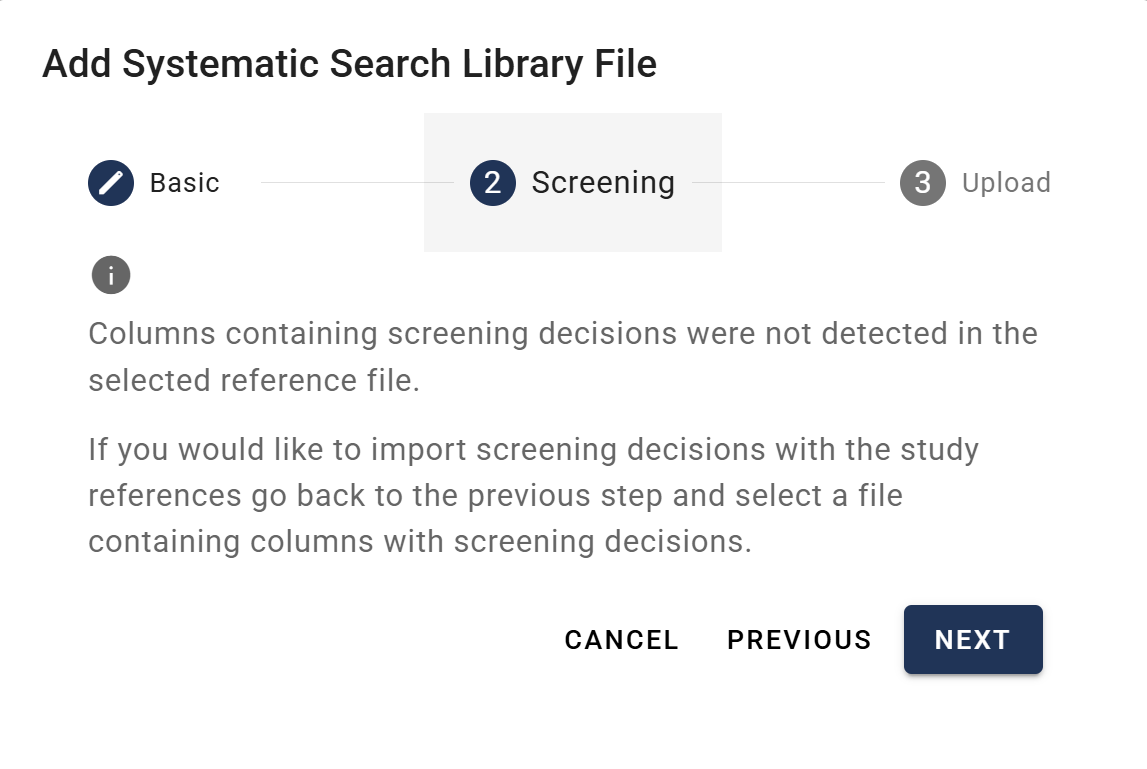 Screenshot showing no screening columns detected in CSV upload